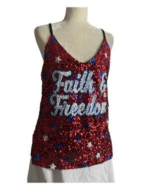 No Boundaries Red Sequin 'Faith & Freedom' Tank with Blue and White Stars